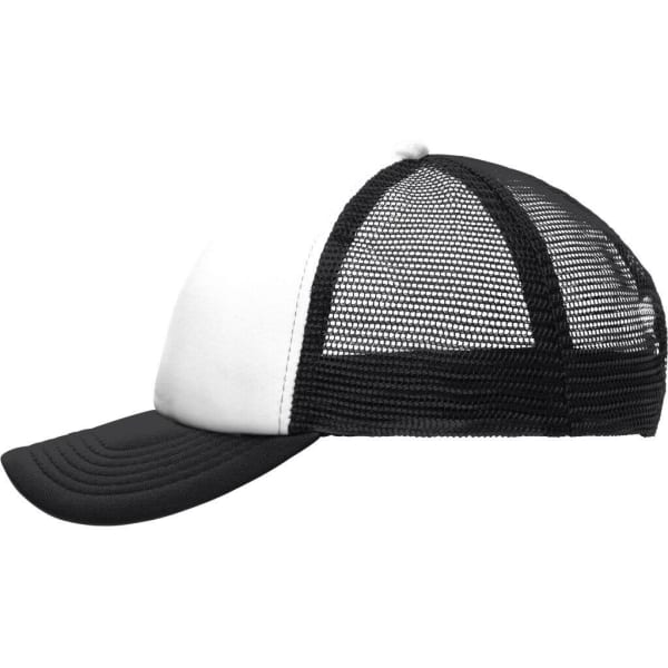 A black and white polyester mesh trucker cap with a structured front and a curved brim. It features a logo.