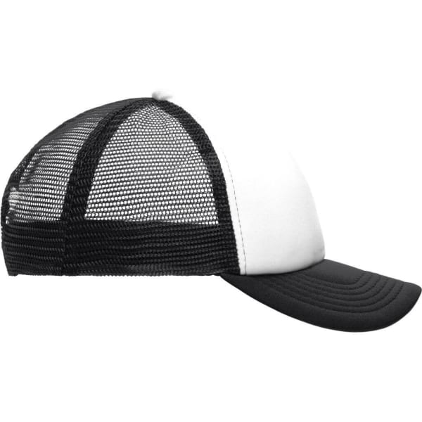 A black and white kids' 5 panel polyester mesh trucker cap featuring a mesh back and a curved brim with a logo.