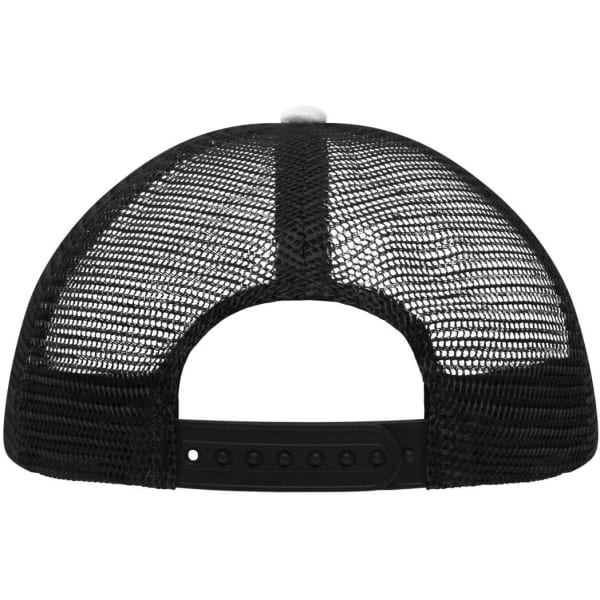 A black 5-panel polyester mesh trucker cap featuring a mesh back and a plastic snap closure.