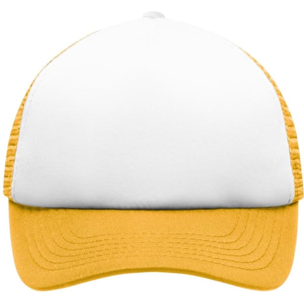 A yellow and white Kids 5 Panel Polyester Mesh Trucker cap with a structured front and mesh sides, featuring a logo.