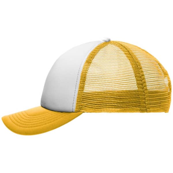 A yellow and white kids’ 5 panel polyester mesh trucker cap with a curved brim and a mesh back.