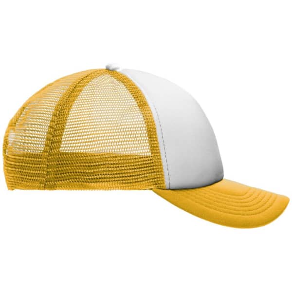 A kids' trucker cap featuring a white front and yellow mesh panels and brim, complete with a logo.
