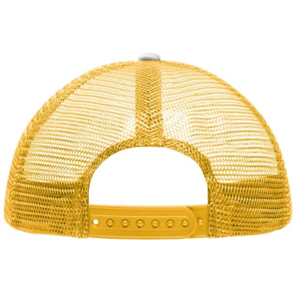 A yellow mesh trucker cap featuring a plastic snapback closure and a logo on the back.
