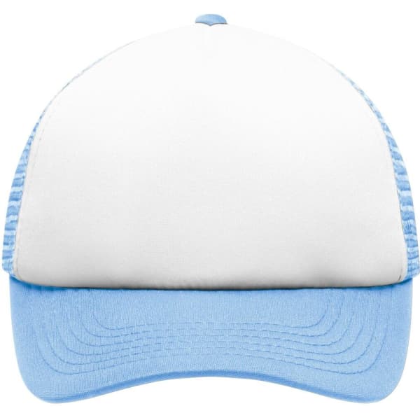 A kids' trucker cap featuring a white front panel and light blue mesh back. It has a curved brim and a logo.
