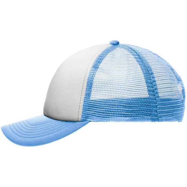 A kids' trucker cap featuring a blue visor and mesh back, with a white front panel and a logo.