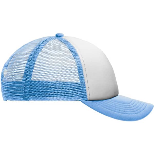 A light blue and white kids' trucker cap featuring a mesh back and a curved brim. It includes a logo.