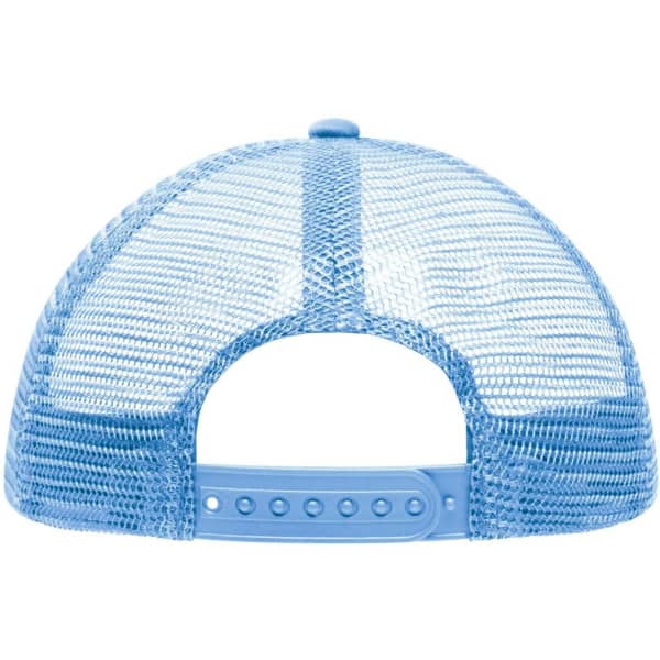 A light blue kids' trucker cap with a mesh back and adjustable snap closure. Features a logo on the back.