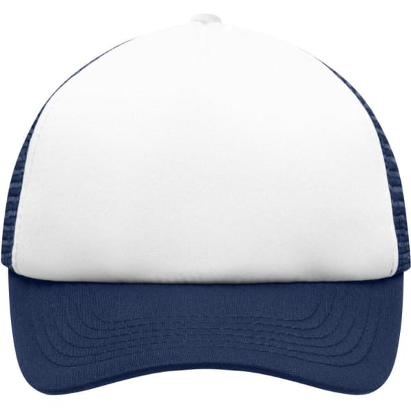 A trucker cap featuring a white front panel and a navy blue brim and mesh sides. It includes a logo on the front.