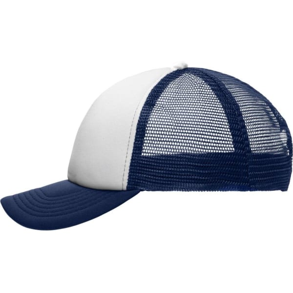 A kids' trucker cap featuring a navy blue and white design with a mesh back and a curved peak, complete with a logo.