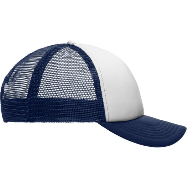 A kids' 5 panel trucker cap featuring a white front and blue mesh sides, with a curved brim and a logo.