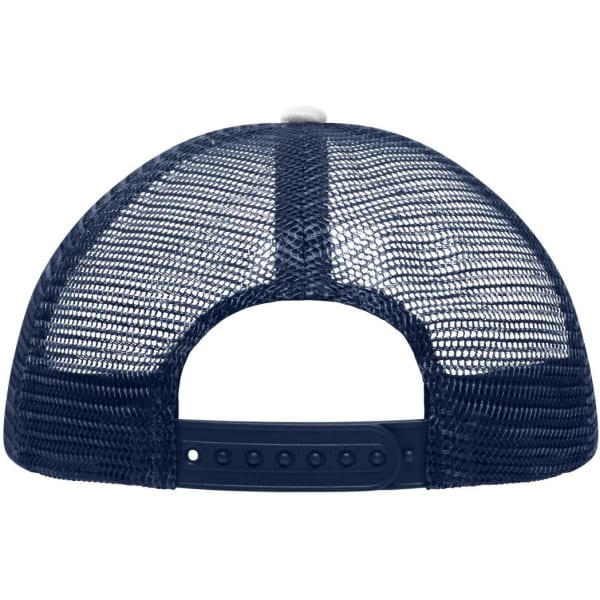 A navy blue polyester mesh trucker cap featuring a snapback closure and a logo on the back.