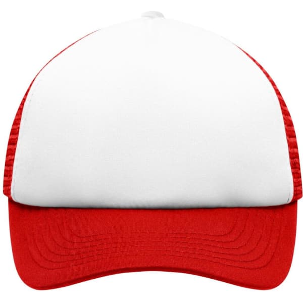 A red and white kids' trucker cap made of polyester mesh, featuring a logo on the front.