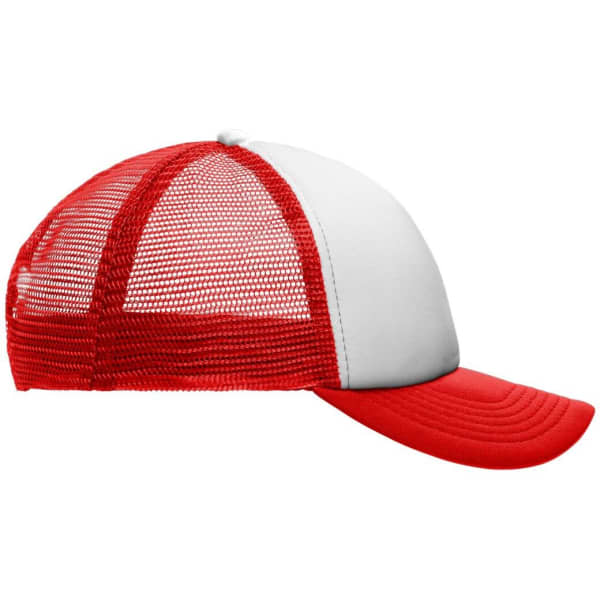 A red and white kids' 5 panel polyester mesh trucker cap featuring a mesh back and a curved brim.