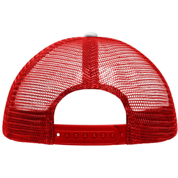 A red 5 panel polyester mesh trucker cap featuring a breathable mesh back and an adjustable strap.