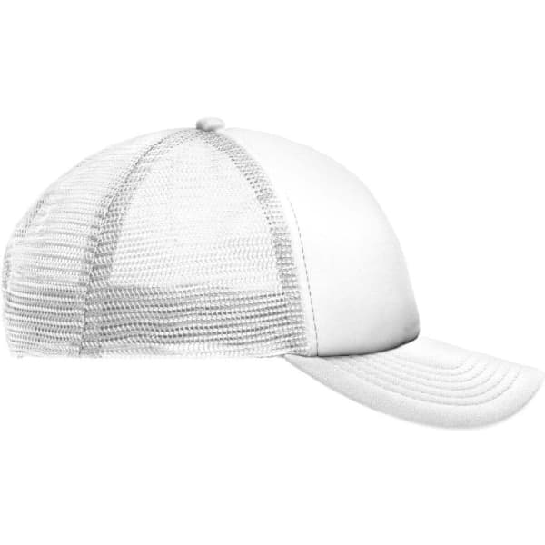 A white 5 panel polyester mesh trucker cap with a curved brim and a mesh back.