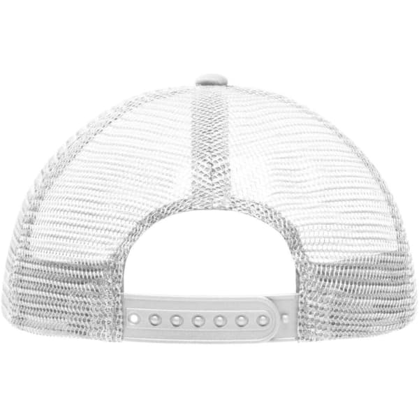 A white 5-panel polyester mesh trucker cap featuring a plastic adjustable strap and a mesh back.
