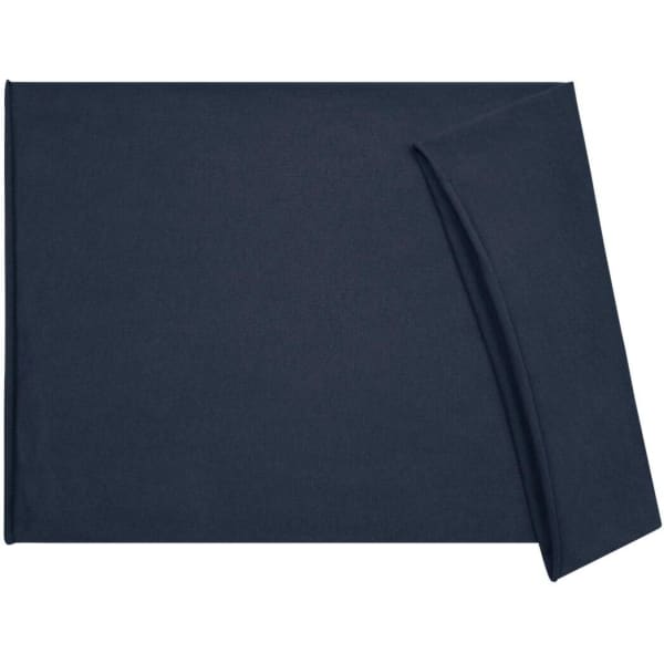 A dark navy headband made of cotton, featuring a simple design and a partial fold. It has a brand logo.