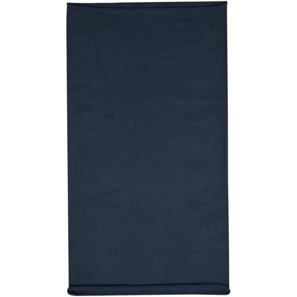 A navy blue headband made from cotton, featuring a logo on the fabric.