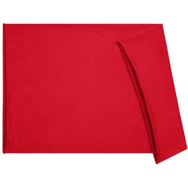 A red headband made of cotton, featuring a folded edge and a logo.