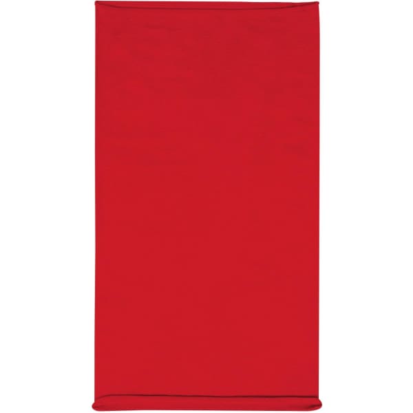 A solid red headband made of cotton, featuring a logo on one side.