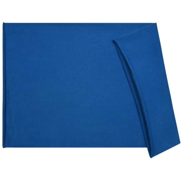 A blue cotton headband displayed flat, featuring a folded edge and a simple design. It has a logo present.