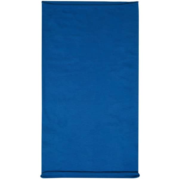 A blue cotton headband featuring a branding logo, displayed flat.