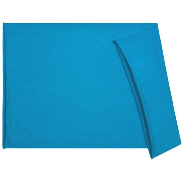 A turquoise headband featuring a soft cotton fabric, with a folded section for styling. It has a logo present.