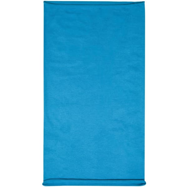 A bright blue headband with a smooth texture and a simple design, featuring a logo.