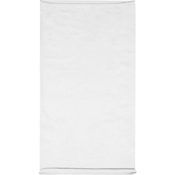 A plain white headband made of cotton, featuring a branding logo at one end.