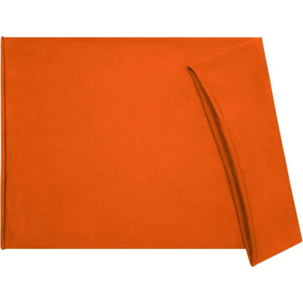 An orange headband made of cotton, featuring a simple design and a folded section. It has a logo on it.