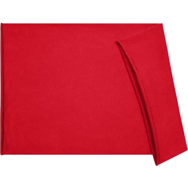 A red headband made from cotton, featuring a branding logo. Soft and versatile for various styles.