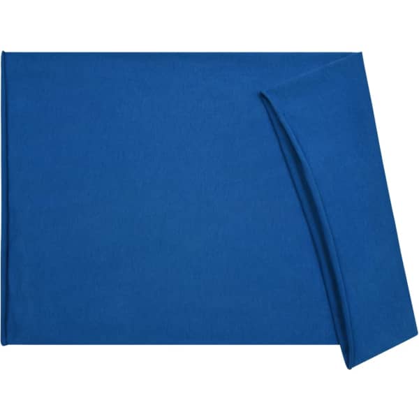 A blue cotton headband with a folded section and a logo.