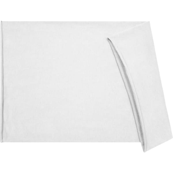 A white cotton headband with a sleek design and a logo on it.