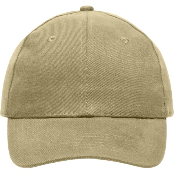 A heavy cotton, six-panel cap in a neutral beige colour with an adjustable strap at the back and a logo.