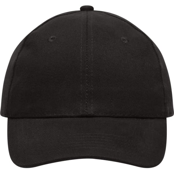 A black six-panel cap made from heavy cotton, featuring an adjustable strap and a logo.