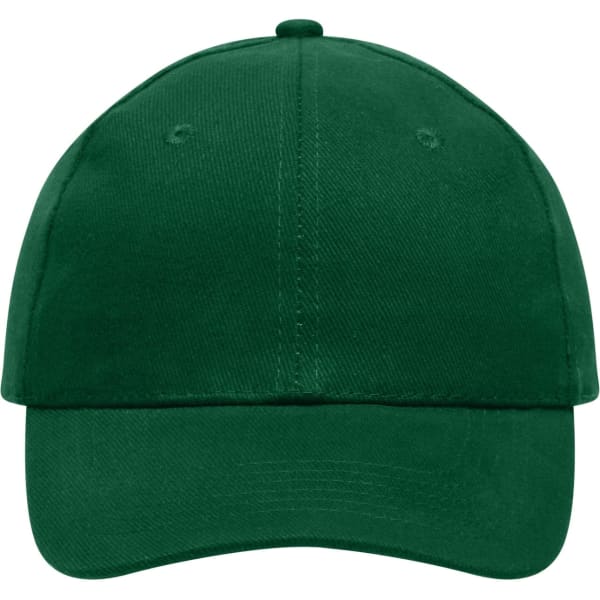A green six-panel cap made from heavy cotton, featuring a logo on the front.
