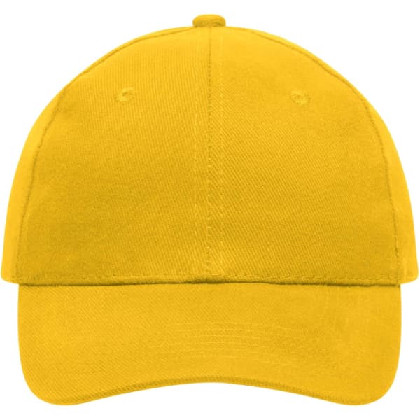 A yellow six-panel cap made from heavy cotton, featuring a curved brim and a logo on the front.