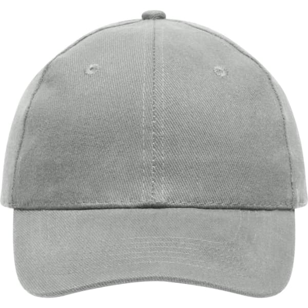 A grey 6 panel cap made of heavy cotton with a structured design and a logo on the front.