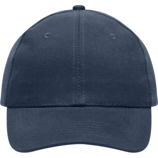 A navy blue 6 panel cap made from heavy cotton, featuring a logo.