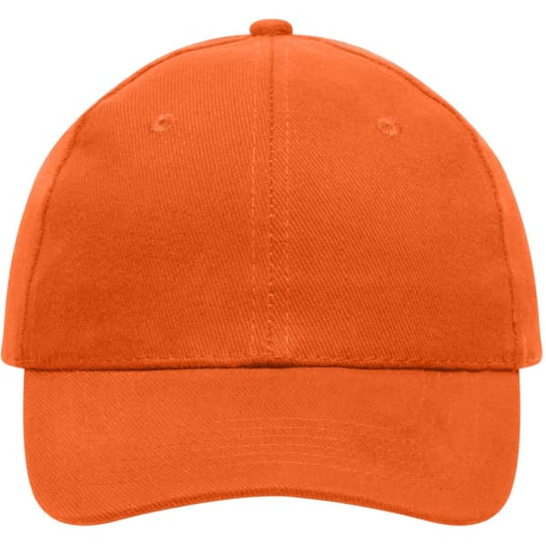 An orange six-panel cap made of heavy cotton, featuring a logo on the front.