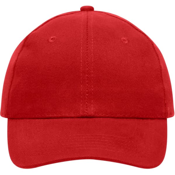 A red 6 panel cap made of heavy cotton, featuring a curved brim and a logo on the front.
