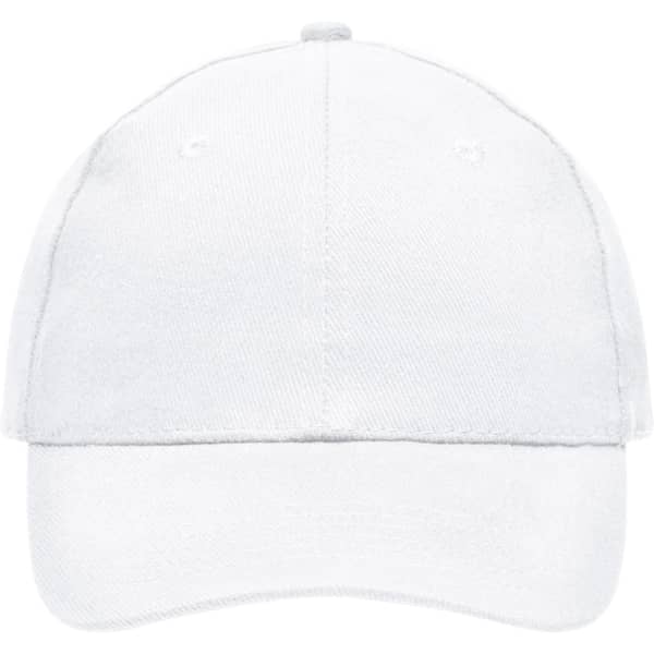 A white heavy cotton six-panel cap featuring a curved bill and an adjustable strap, with a logo present.