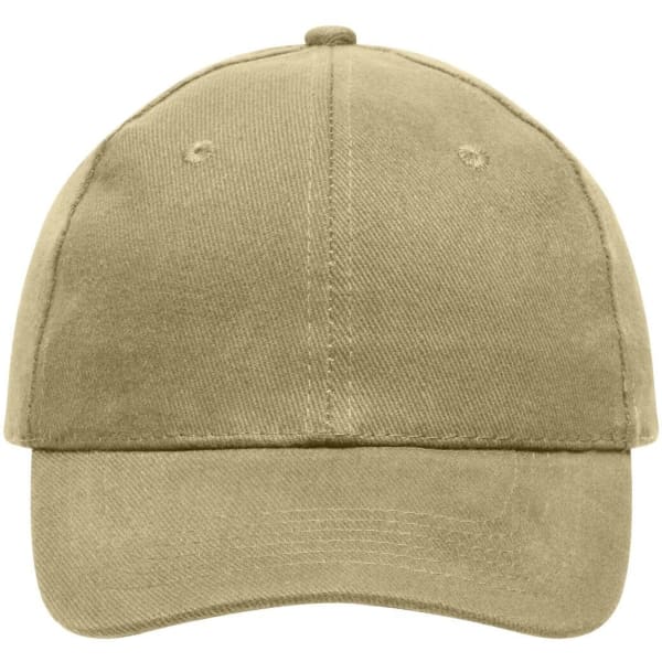A heavy cotton 6-panel cap in a light beige colour, featuring a logo on the front.