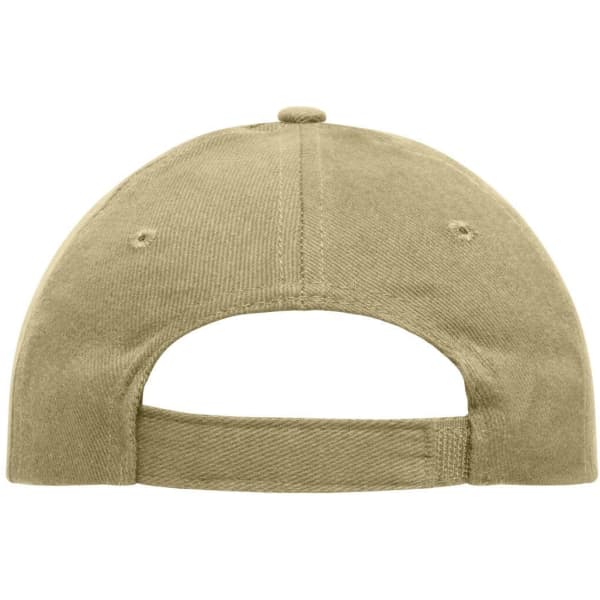A heavy cotton 6-panel cap in a neutral beige colour, featuring an adjustable strap and a logo on the back.