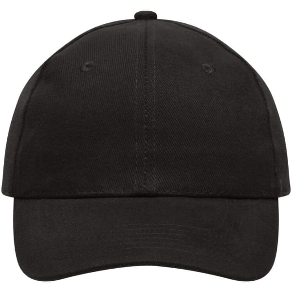 A black heavy cotton 6-panel cap featuring a curved brim and an adjustable back. It has a logo.