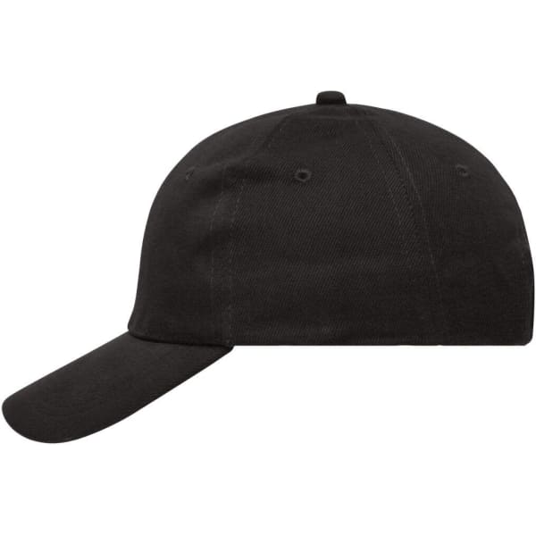 A black 6 panel cap with a curved brim and a logo, made from heavy cotton material.