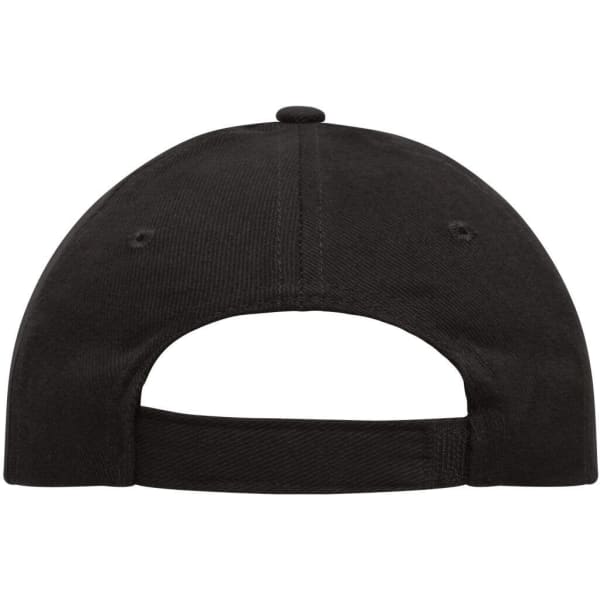 A black 6-panel cap made of heavy cotton, featuring a rear adjustable strap and a logo.