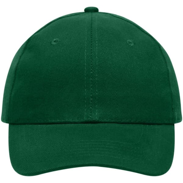 A green 6 panel cap made of heavy cotton, featuring a structured design and a front panel for branding.