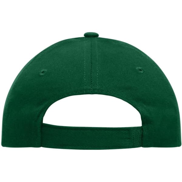 A green 6 panel cap made of heavy cotton, featuring an adjustable back and a button on top.