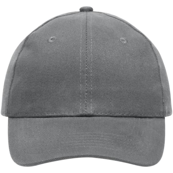 A grey six-panel cap made of heavy cotton, featuring a curved brim and a branding logo.